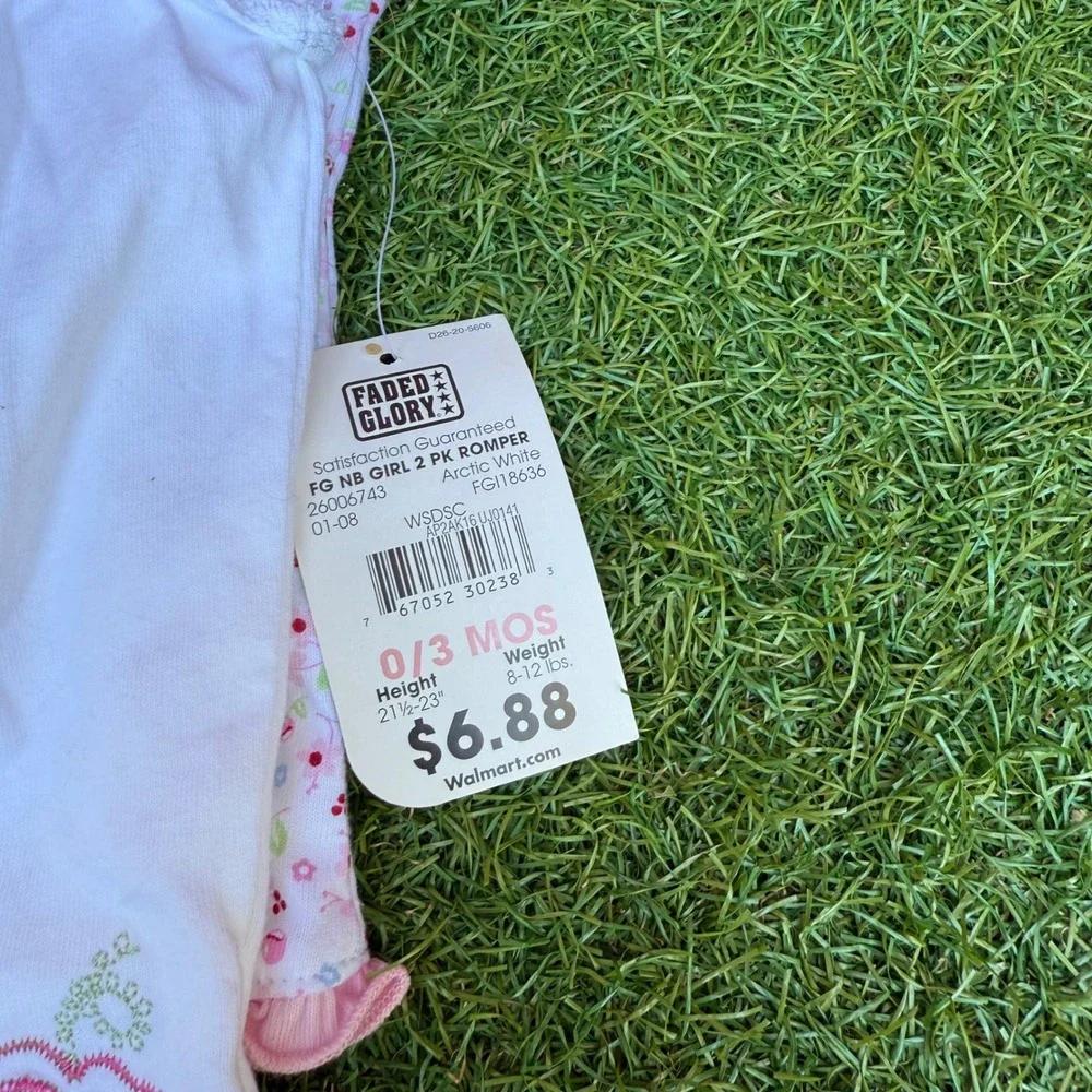 Vtg NWT Y2K Faded Glory Rompers Baby Girls 0/3 Months White‎ Floral Embroidered